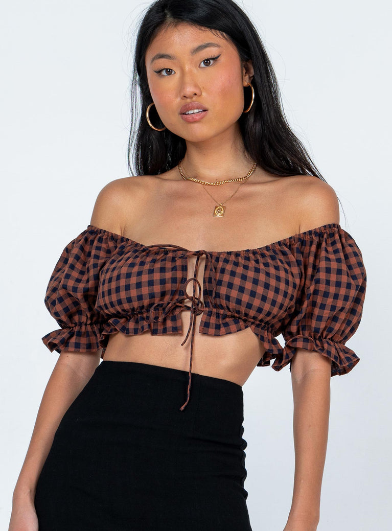 Crop top Princess Polly Exclusive 50% cotton 50% polyester Gingham print  Off the shoulder design  Puff sleeves  Frill hem  Double tie fastening at bust 