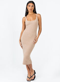 Front view of model wearing  front Princess Polly High Neck  Louis Midi Dress Beige