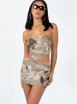 Matching set Mesh material  Printed design  Strapless top  Wired cusp  Sheer back  Mini skirt  Elasticated waistband 