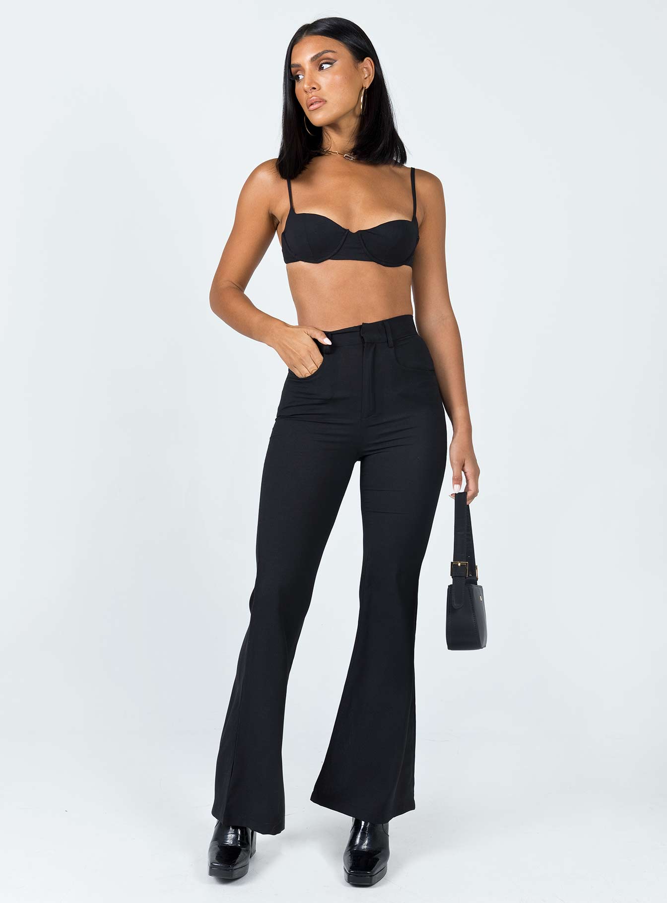 Matching set  Princess Polly Exclusive 100% polyester  Bra top  Adjustable shoulder straps  Padded bust Wired cups  Elasticated backband  High waisted pants  Hook & zip fastening  Twin hip pockets  Belt looped waist  Straight leg 