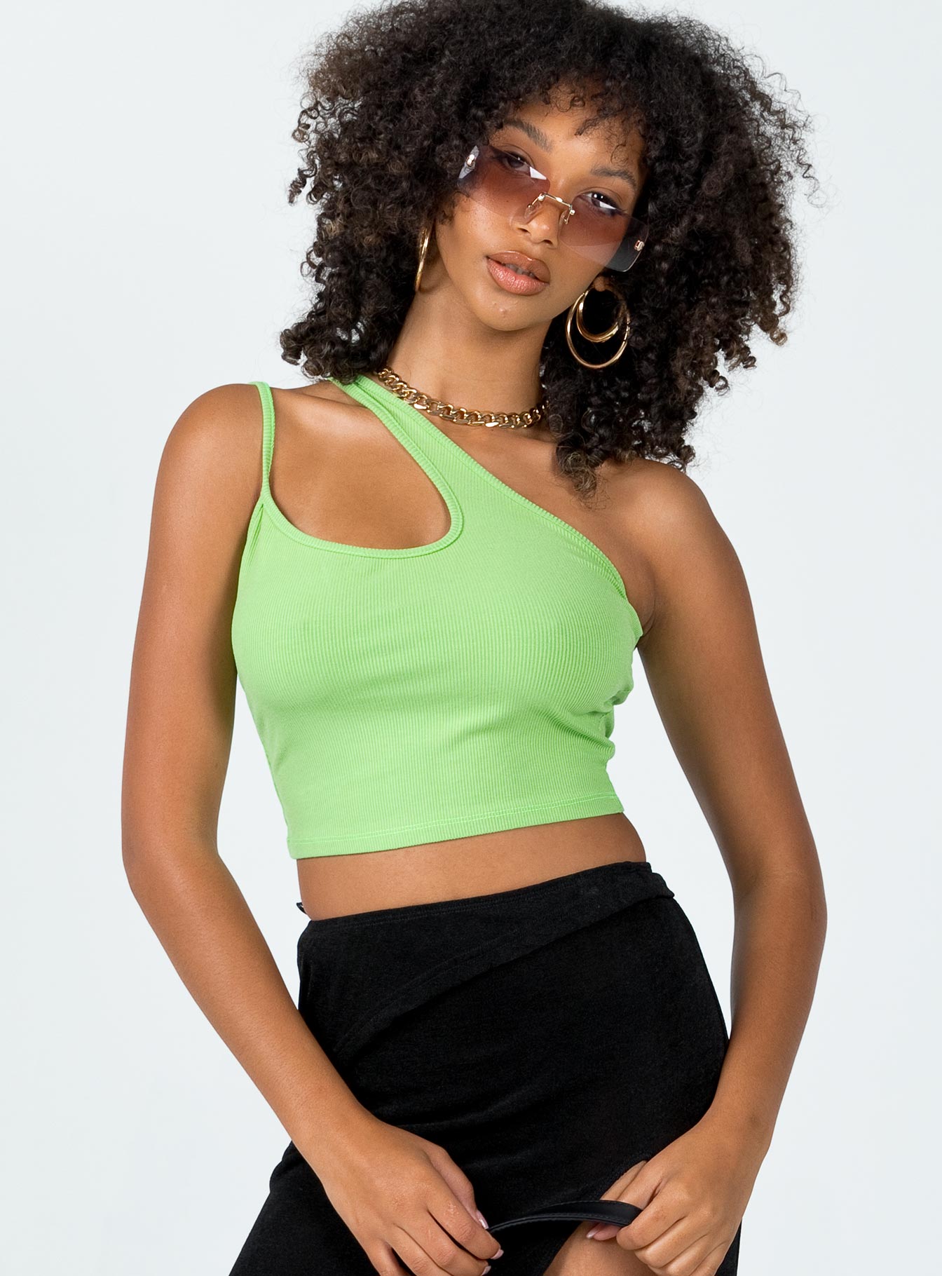 front view of model wearing Princess Polly Hutton Top Green Sleeveless Asymmetric Neckline 