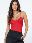 front view of model wearing Princess Polly Levey Bodysuit Red Sleeveless Scoop Neck 