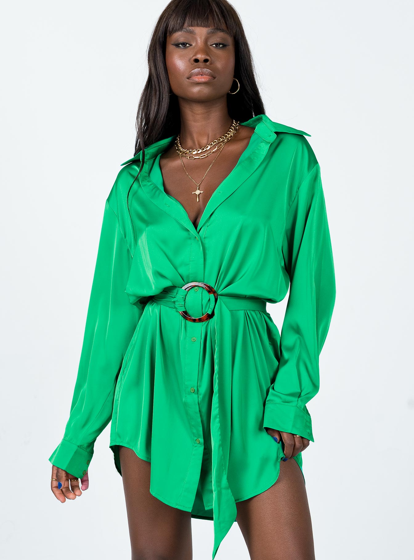 front view of model wearing Princess Polly Leighton Mini Dress Green 