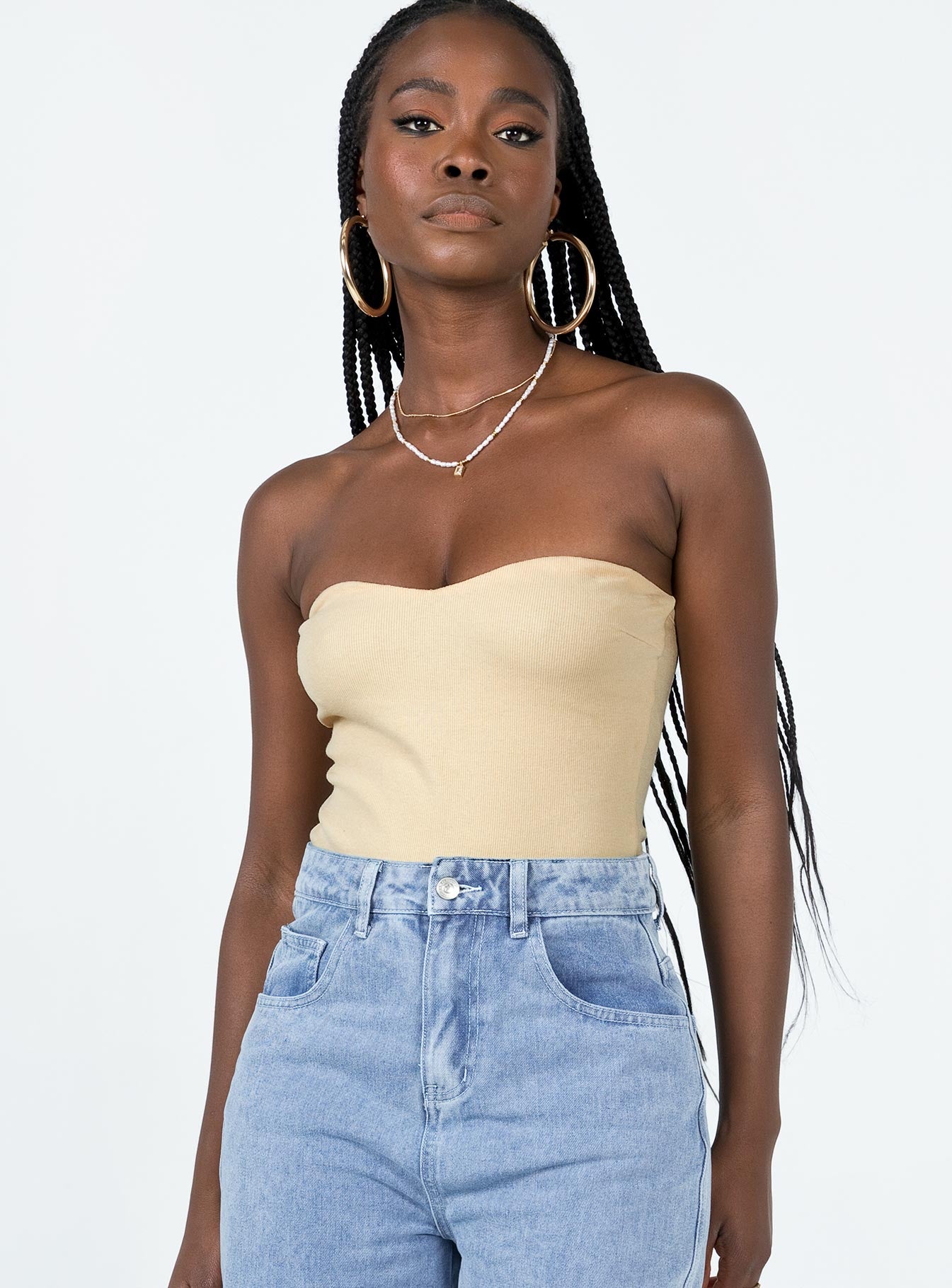 back view of model wearing Princess Polly Aston Strapless Bodysuit Cream Sleeveless Sweetheart 