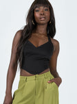 Front view of model wearing  front Princess Polly Sleeveless Asymmetric Neckline  Cinto Halter Top Black