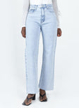 Front view of model wearing  front Princess Polly Mid Rise  Queenstown Straight Leg Jeans Light Wash Denim