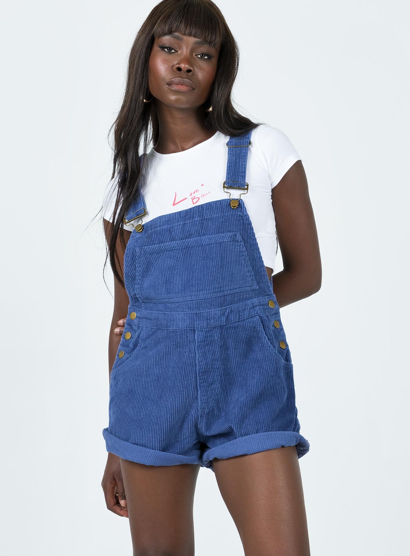 Kacey Short Overalls Navy Cord | Princess Polly