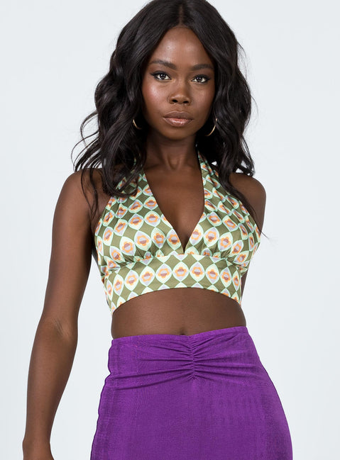 front view of model wearing Princess Polly Savvas Top Green Multi 