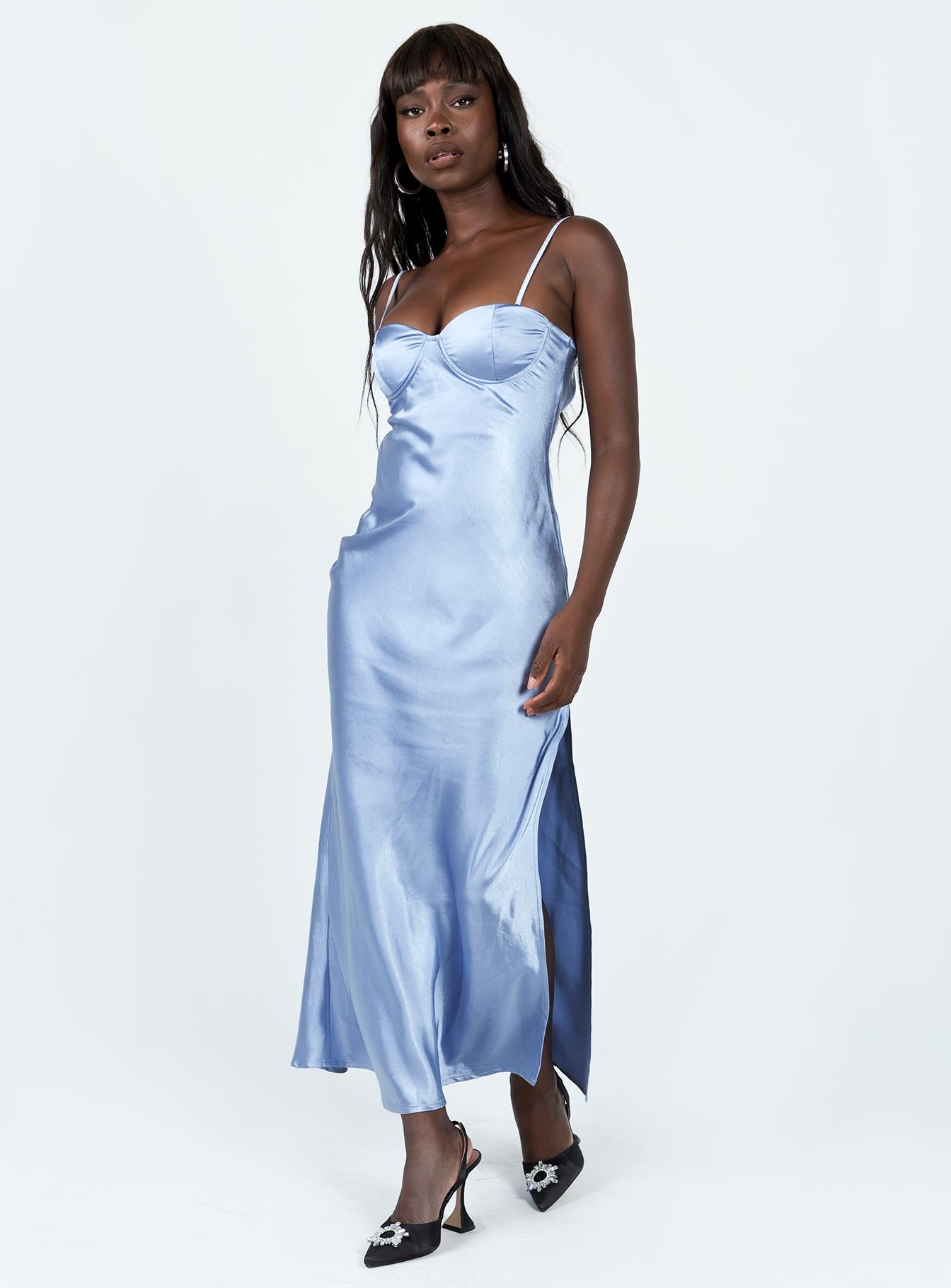 Baby blue satin maxi dress shop