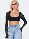 Long sleeve crop top Sparkly material Square neckline Finger holes at cuff