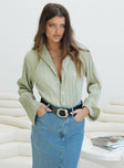 front view of model wearing Princess Polly Louie Pleated Shirt Sage Full Sleeves V-Neck 