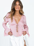 Long sleeve top Silky material Open front Tie fastening Ruched bust Lace detailing Flared cuff