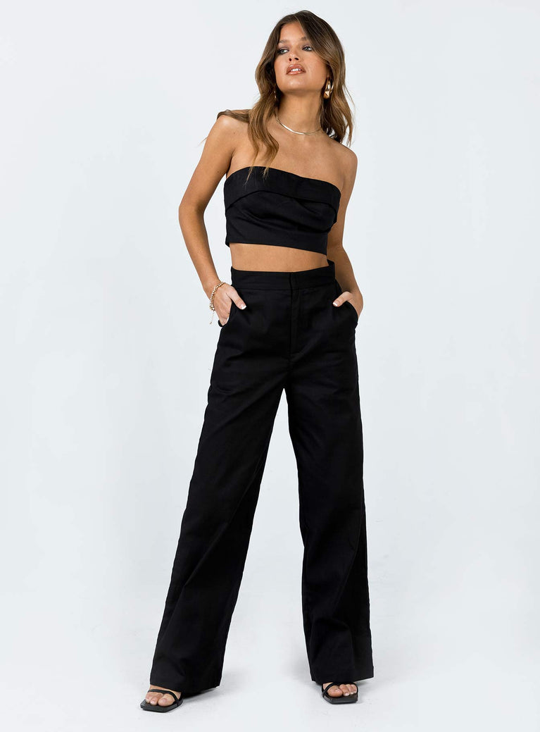 Matching set Linen look material Strapless crop top Inner silicone strip at bust Folded neckline Zip fastening at back Wide leg pants Zip & hook fastening Twin hip pockets