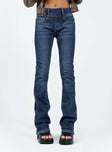 Jeans Dark wash denim Low rise Belt looped waist Zip & button fastening  Three pocket design Slim leg