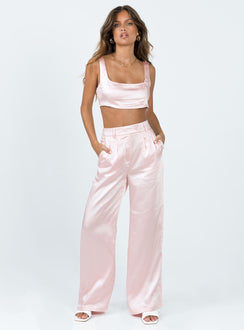 Matching set Silky material  Crop top Invisible zip fastening at side High waisted pants Wide relaxed leg Belt loops at waist Zip & button fastening