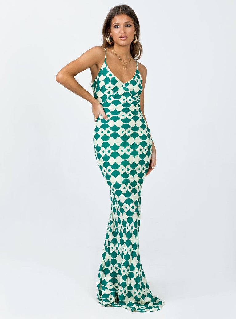 Front view of model wearing  front Princess Polly Crew Neck  Seri Slip Maxi Dress Green Multi