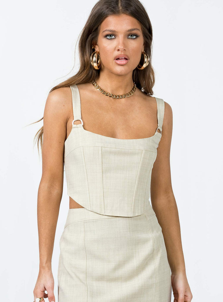 Crop top Pinstripe print   Fixed shoulder straps  Boning through front  Silver-toned D rings  Zip fastening at back 
