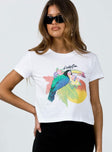 Front view of model wearing  front Princess Polly Short Sleeves Crew Neck  Costa Rica Tee White