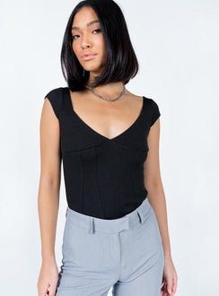 front view of model wearing Princess Polly Alden Bodysuit Black Short Sleeves V-Neck 