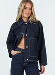 Denim jacket Dark wash denim Contrast stitch detail Classic collar Button fastening Twin hip pockets