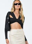Long sleeve crop top Cut out detail at shoulder Twist at bust Good stretch Lined front
