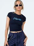 Front view of model wearing  front Princess Polly Short Sleeves Crew Neck  Hypnotise Me Tee Navy