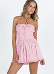 Pink playsuit Lace details Ruffle neckline Adjustable tie at neckline Shirred back Twin hip pockets Non-stretch Fully lined