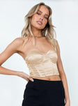 side view of model wearing Princess Polly Endless Love Satin Corset Top Champagne Sleeveless Sweetheart 