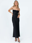 Maxi dress Silky material Elasticated shoulder straps Ruched bust Invisible zip fastening at side High leg slit