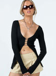 Black long sleeve top Ribbed knit material V-neckline Open front  Longline design