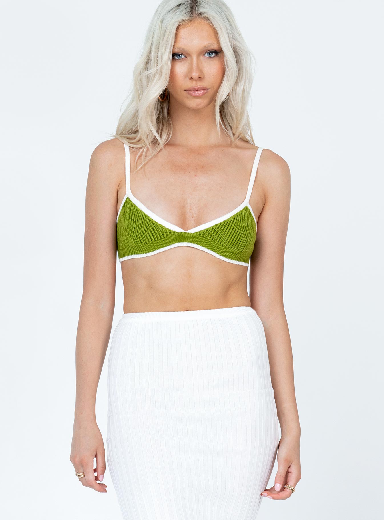 front view of model wearing Princess Polly Kataleya Top Green Sleeveless Scoop Neck 