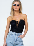 front view of model wearing Princess Polly Elysia Bodysuit Black Sleeveless Sweetheart 