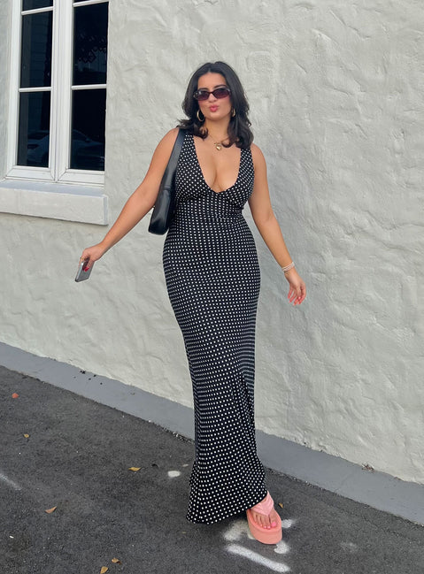 Nellie Maxi Dress | Black Polka Dot | Womens | Princess Polly Lower Impact Nellie Maxi Dress | Black Polka Dot | Womens | Princess Polly Lower Impact