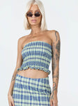 Strapless crop top  100% cotton  Shirred material  Plaid print  Frill hem  Good stretch  Unlined 