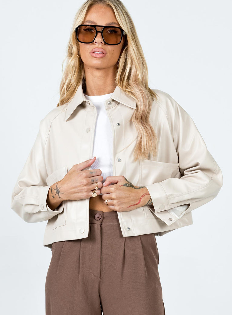 Jacket  Boxy fit  100% PU  Faux leather material  Classic collar  Press button front fastening  Oversized pockets  Single-button cuff 