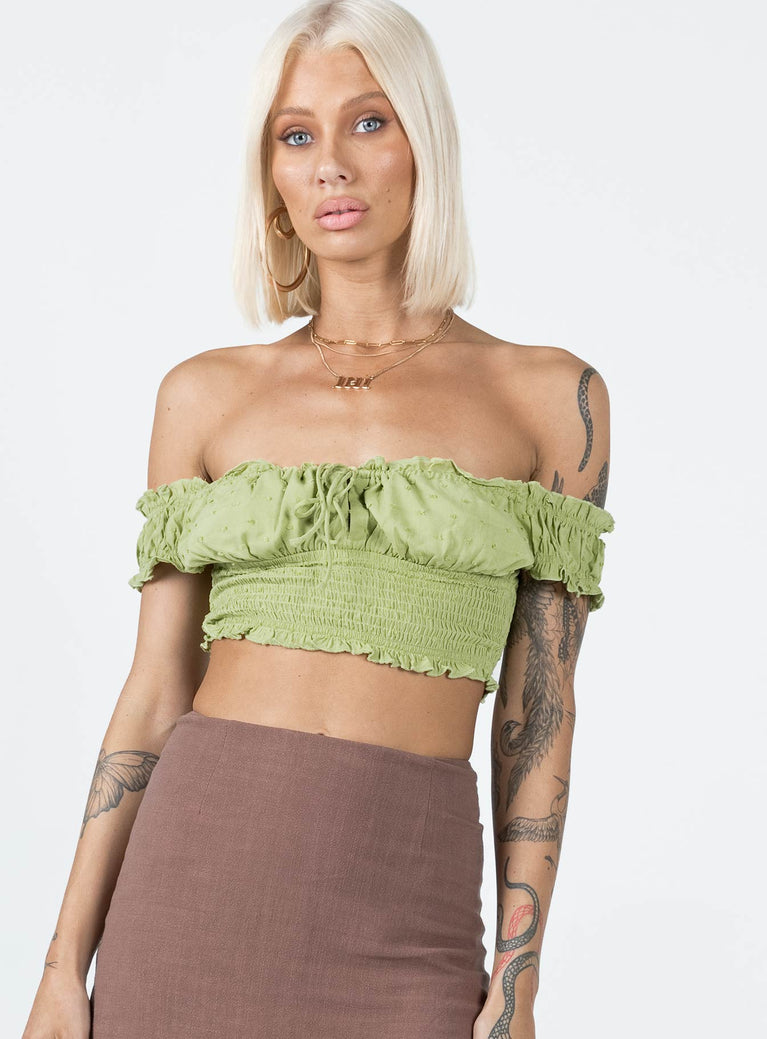Crop Top Princess Polly Exclusive 100% rayon Can be worn on or off the shoulder  Adjustable tie neckline Elasticated sleeves & back Shirred waist & back