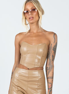 front view of model wearing Princess Polly Jessica PU Bustier Beige 