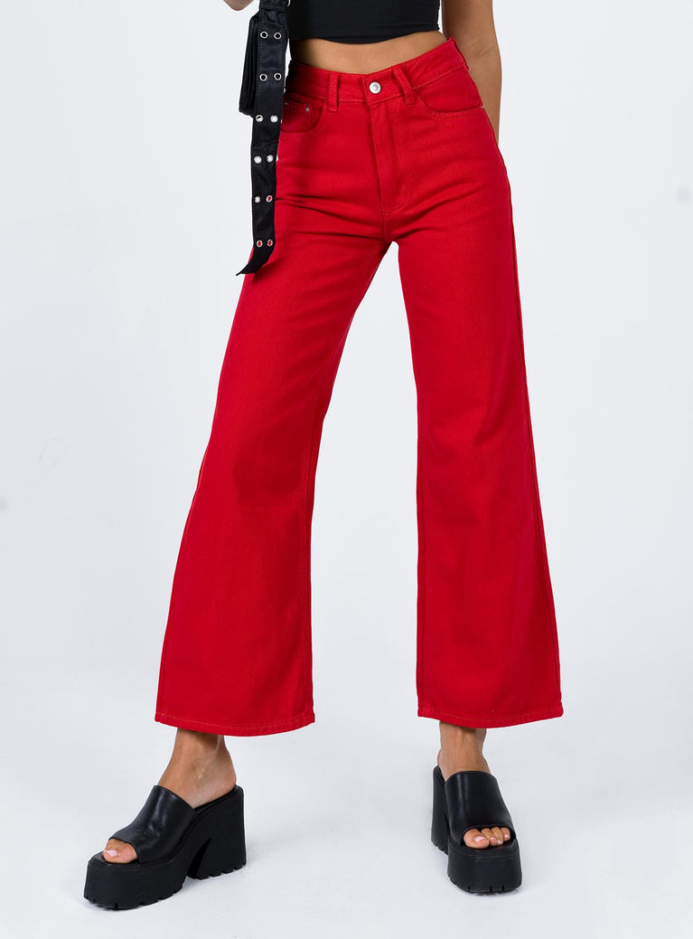 Red Wide Leg Denim Jeans High Rise
