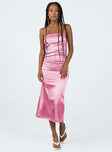 Strapless pink maxi dress slim fitting Silky material Inner silicone strip at bust Invisible zip fastening at side Tie fastening at back