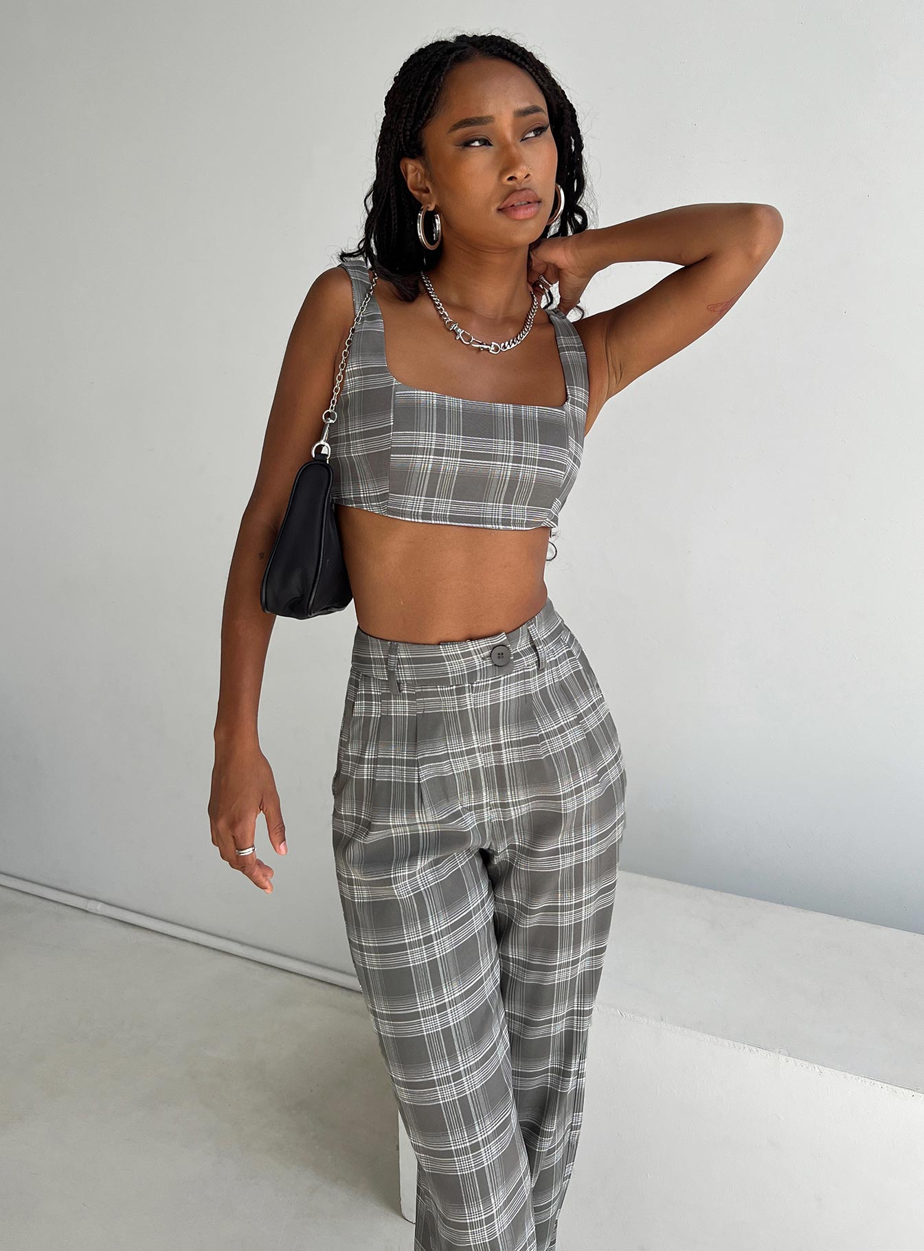 Matching set Check print Crop top Invisible zip fastening at side High waisted pants Wide leg Belt looped waist Zip & button fastening