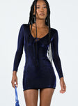 Long sleeve mini dress Shimmery mesh material V-neckline Tie detail at front Good stretch