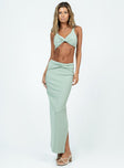Matching set Ribbed material Crop top Twisted bust High waisted skirt High side slit  Twist detail at waist Lined top