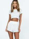 White matching set Waffle material Floral print Crop top Lettuce edge hem Shorts Shirred waistband