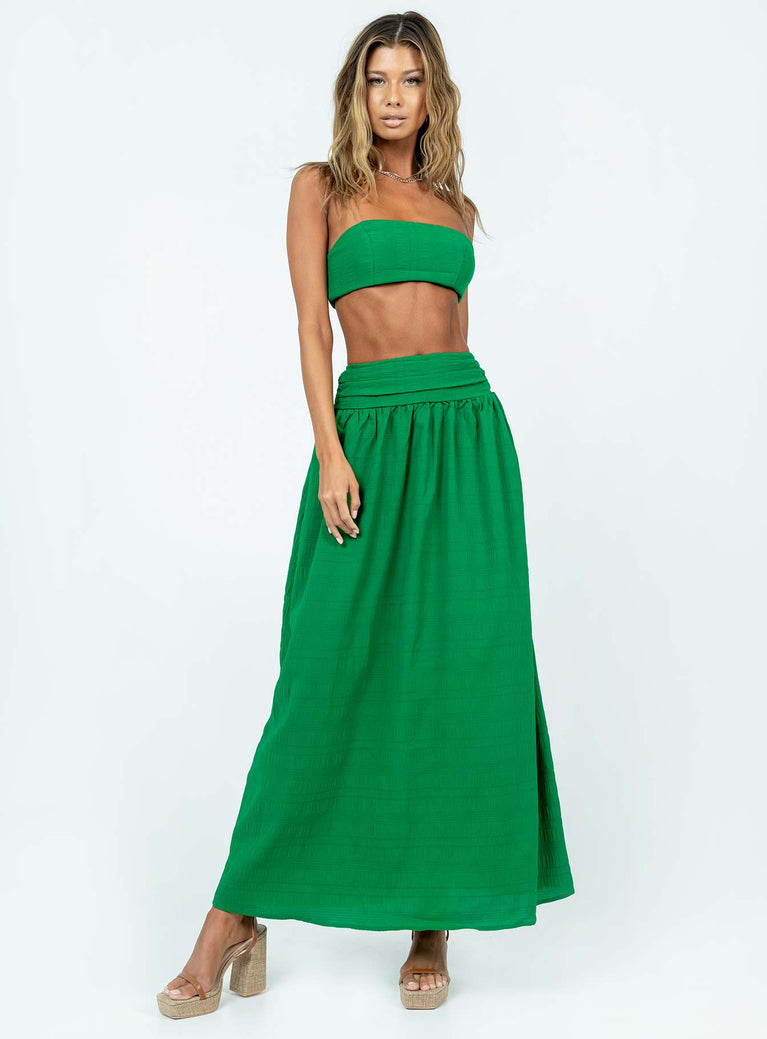 Green matching set Strapless crop top  Inner silicone strip at bust  Shirred back  High waisted maxi skirt  Gathered waist  Invisible zip fastening at back 