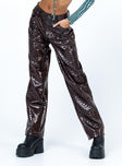 side view of model wearing Princess Polly Motel Parallel Trouser Croc PU Dark Brown 