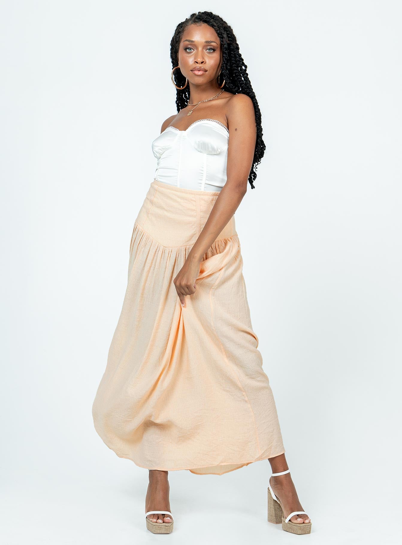 Front view of model wearing  front Princess Polly  Adelaide Maxi Skirt Beige