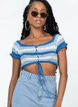 front view of model wearing Princess Polly Honeydew Top Blue Short Sleeves Boat Neck 