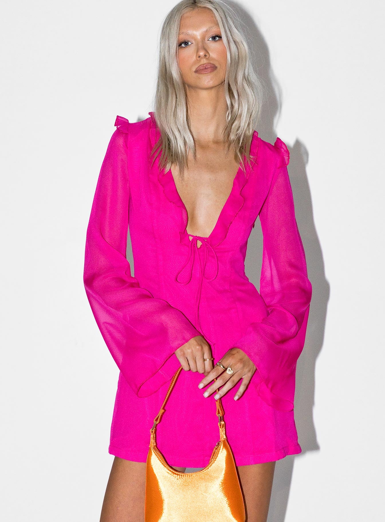 front view of model wearing Princess Polly Lucca Mini Dress Pink 