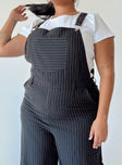 Overalls Pinstripe print  Adjustable shoulder straps  Single chest pockets  Belt looped waist  Four classic pockets  Invisible zip fastening at side  Wide leg 