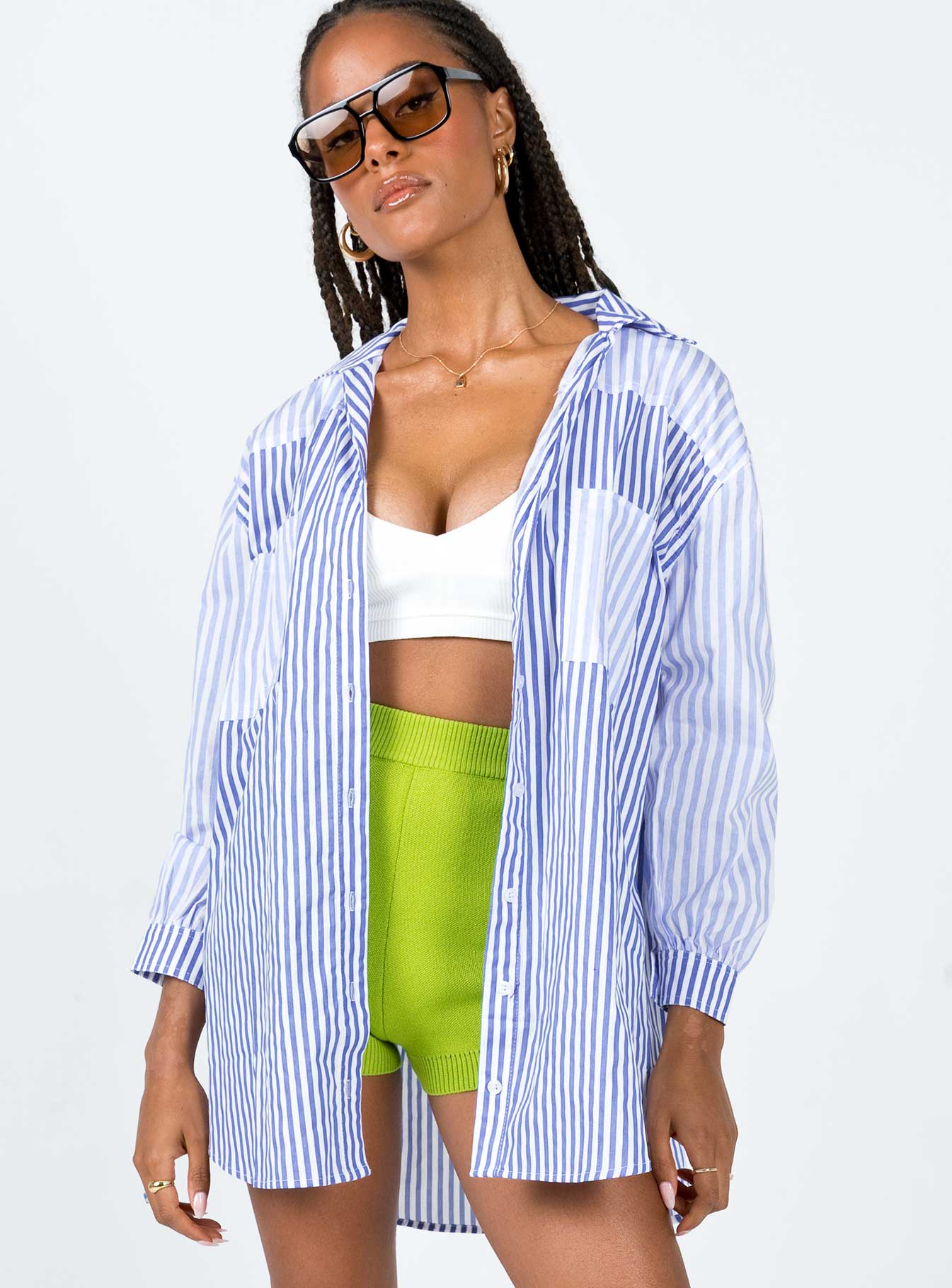 front view of model wearing Princess Polly Robinson Top Blue 